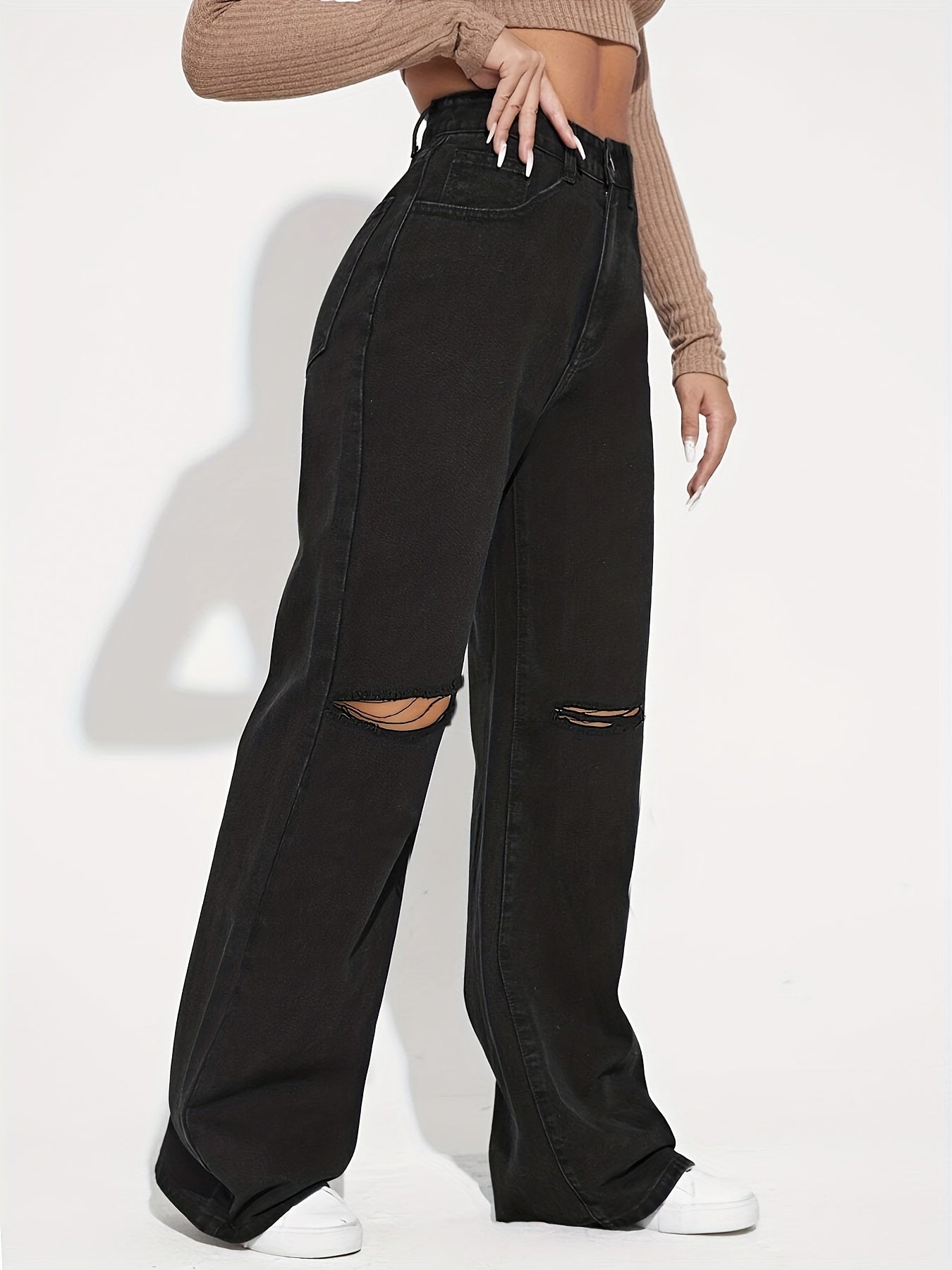 Antmvs Black Ripped Loose Fit Straight Jeans, Wide Leg Slash Pockets High Waist Non-Stretch Denim Pants, Women's Denim Jeans & Clothing
