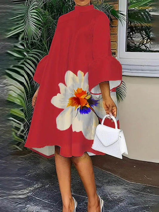 Antmvs Split-Joint Floral Printed Loose Flared Sleeves High Neck Midi Dresses
