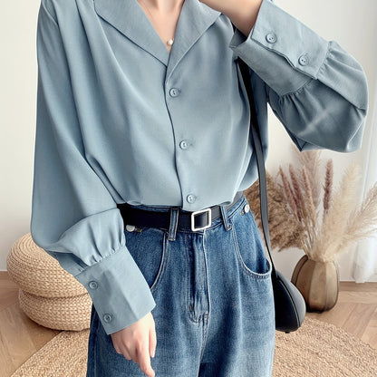 Antmvs Lantern Sleeve Button Shirt, Casual Long Sleeve Shirt For Spring & Fall, Women's Clothing