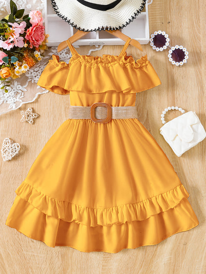 Charming Girls Solid Ruffle Trim Dress - Fashionable Belted Waist for Summer Parties & Holidays - Premium Quality, Comfortable, Ideal Gift