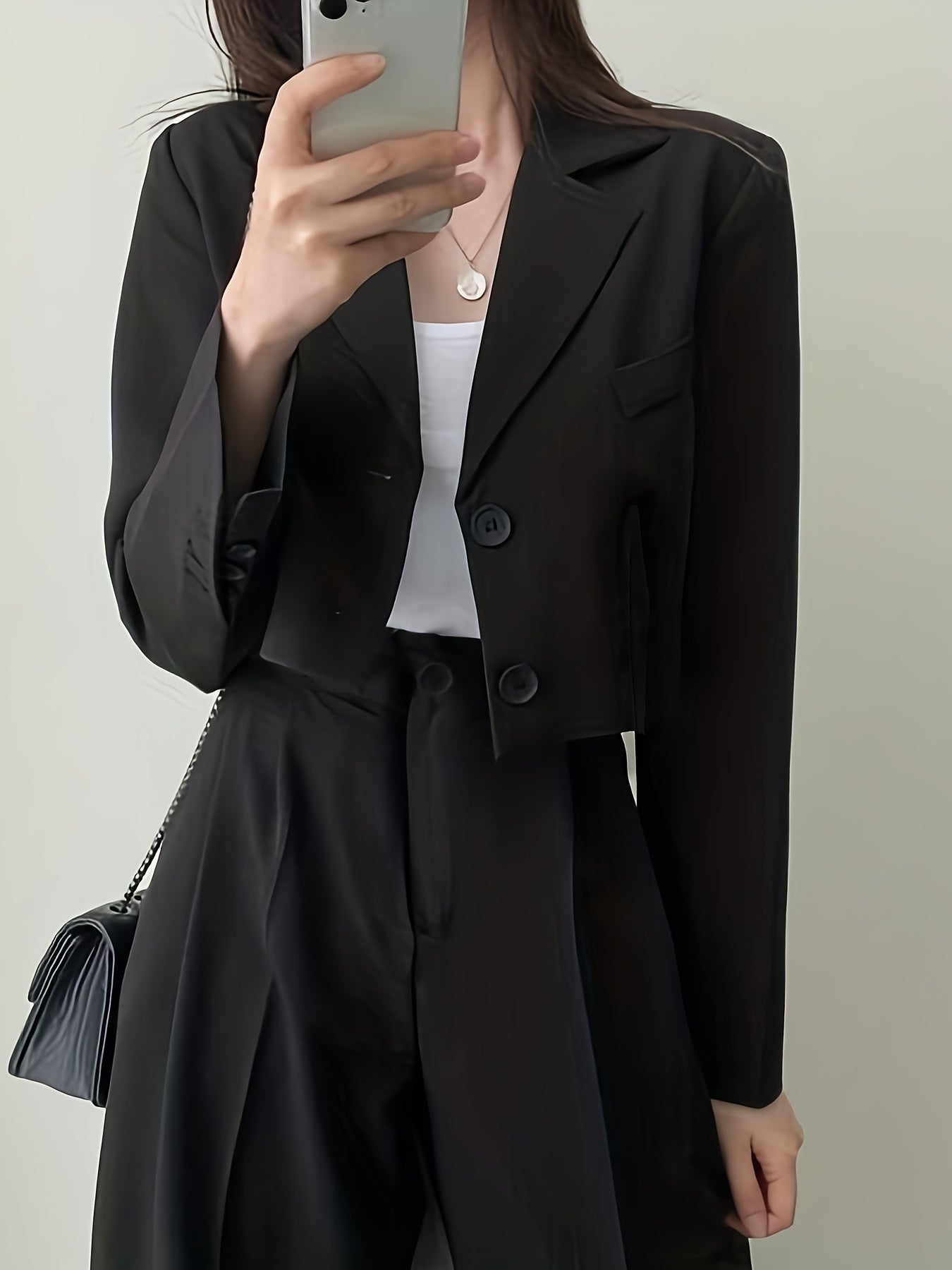 Antmvs Solid Button Front Crop Blazer, Elegant Lapel Long Sleeve Blazer For Office & Work, Women's Clothing