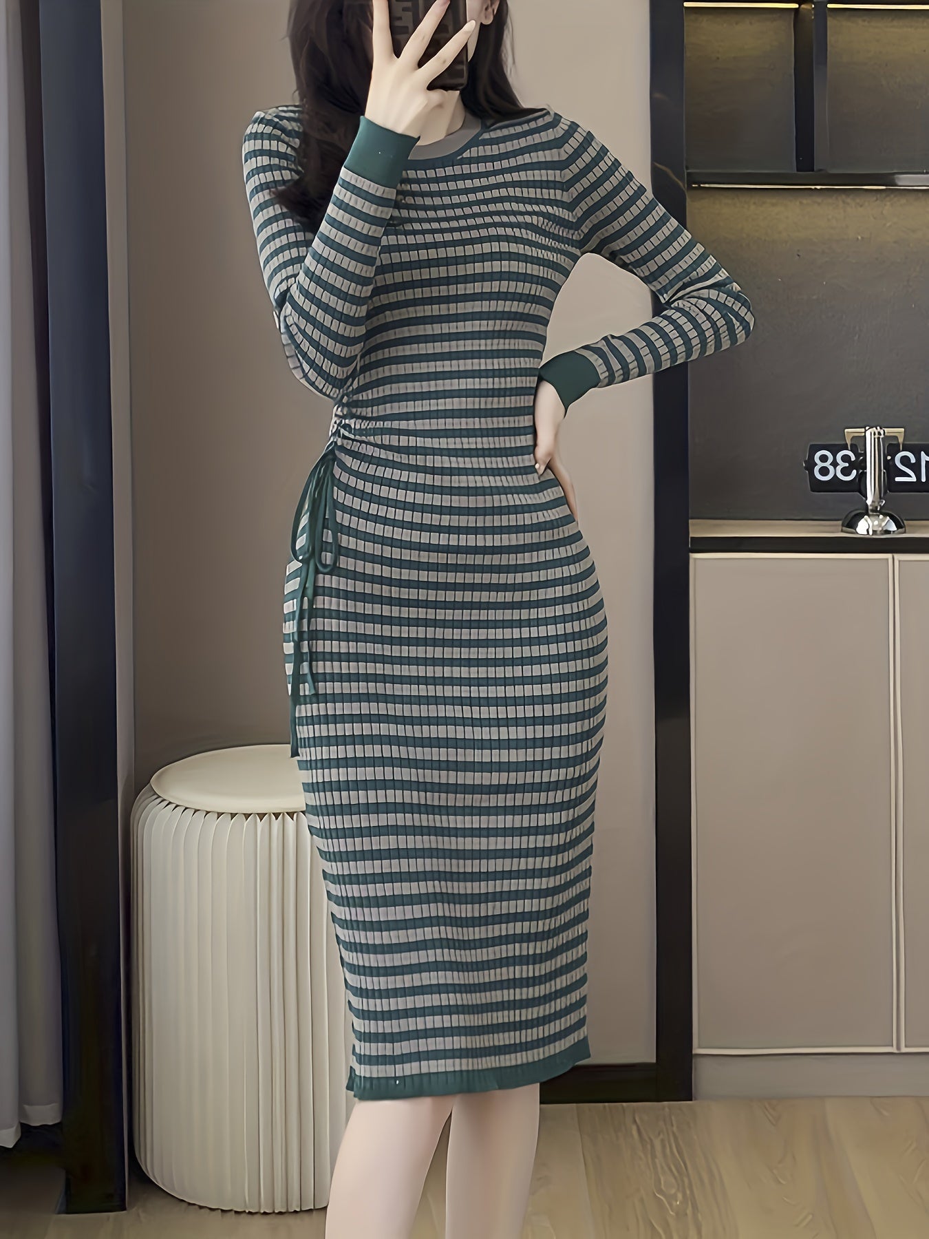 Antmvs Drawstring Striped Midi Dress, Elegant Crew Neck Long Sleeve Dress, Women's Clothing