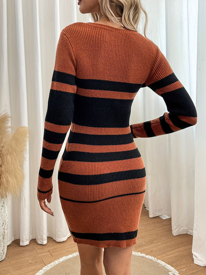 Antmvs Striped Slim Sweater Dresses , Long Sleeve Crew Neck Mini Dress , Women's Clothings