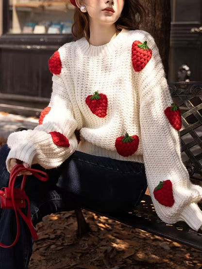 Antmvs Women's Strawberry Print Crew Neck Crochet Knit Tops, Cute Fall Winter Pullover Sweaters, Women's Clothing