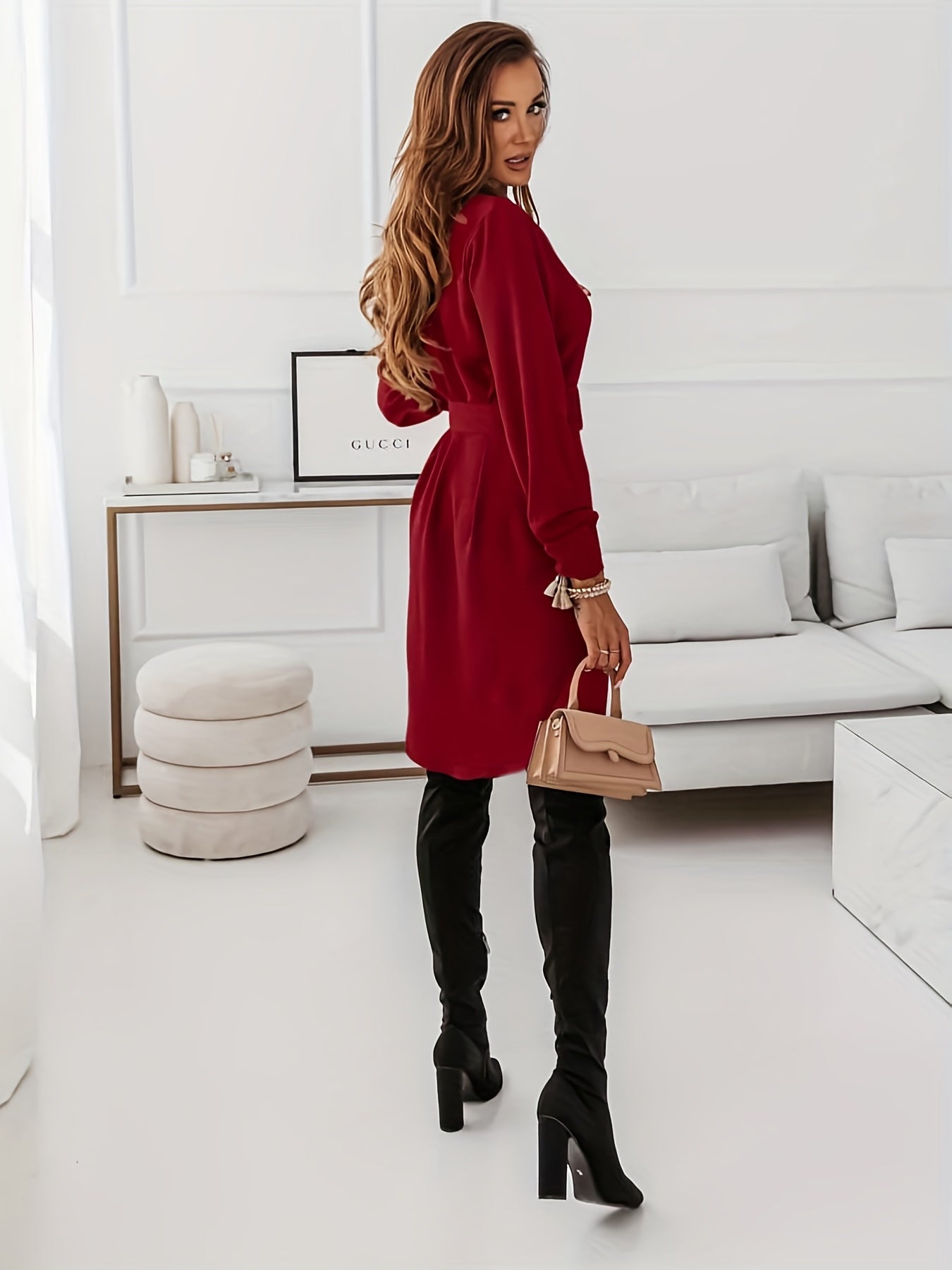 Antmvs Button Shirt Dress With Belt, Elegant Long Sleeve Dress For Spring & Fall, Women's Clothing