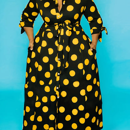 Antmvs Plus Size Elegant Dress, Women's Plus Polka Dots Print Button Up Collared Belted Maxi Dress