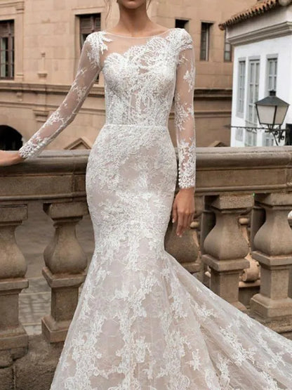 Modest Long Sleeve Lace Mermaid Wedding Dresses Sexy Backless Jewel Neck Appliques Ruched Long Bridal Gowns Robes de mariage BC18635