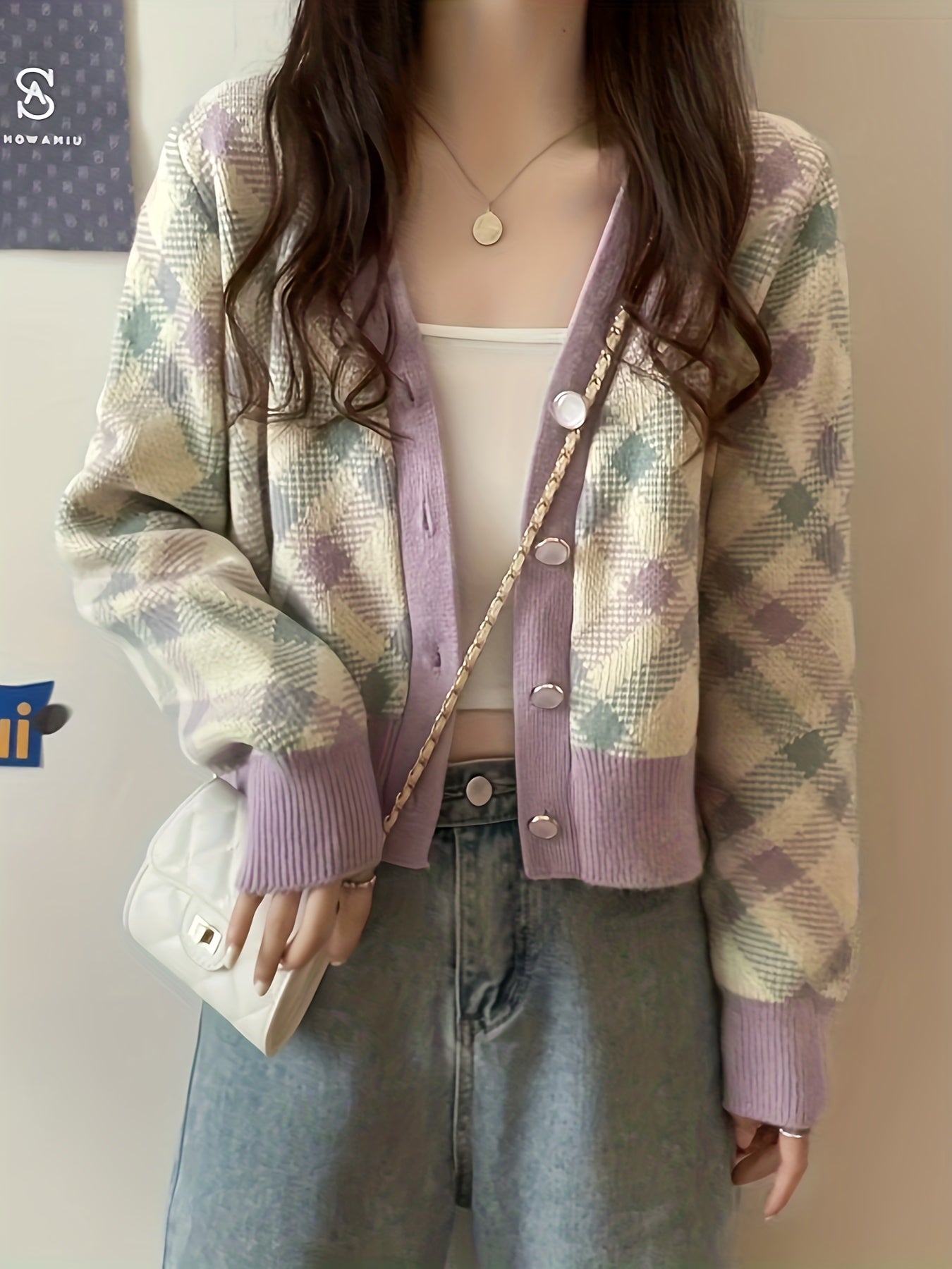 Antmvs Plaid Button Down Knit Cardigan, Casual V Neck Long Sleeve Sweater, Women's Clothing