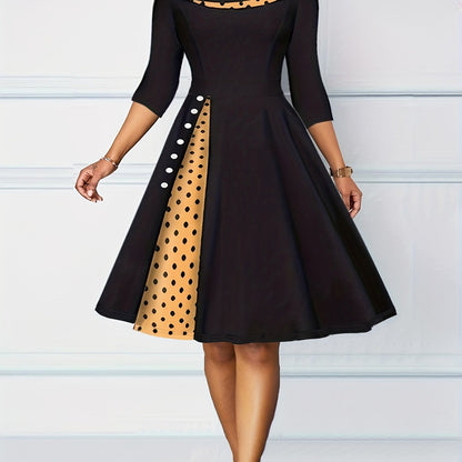 Antmvs A-line Retro Dress, 3/4 Sleeve Polka Dot Casual Dress, Women's Clothing