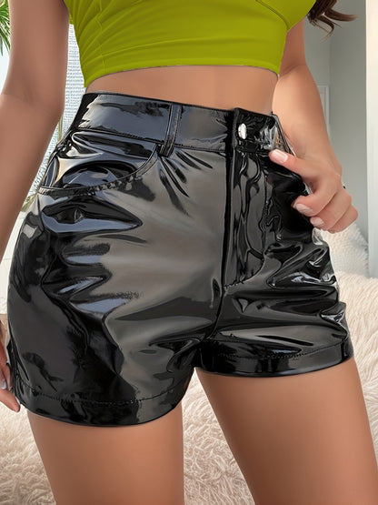 Antmvs Solid PU Leather Pocket Shorts, Elegant Shorts For Spring & Summer, Women's Clothing