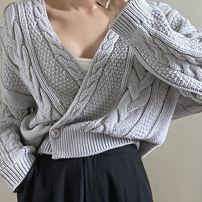 Antmvs Twist Pattern Single Button Knit Cardigan, Casual Surplice Neck Long Sleeve Sweater, Women's Clothing