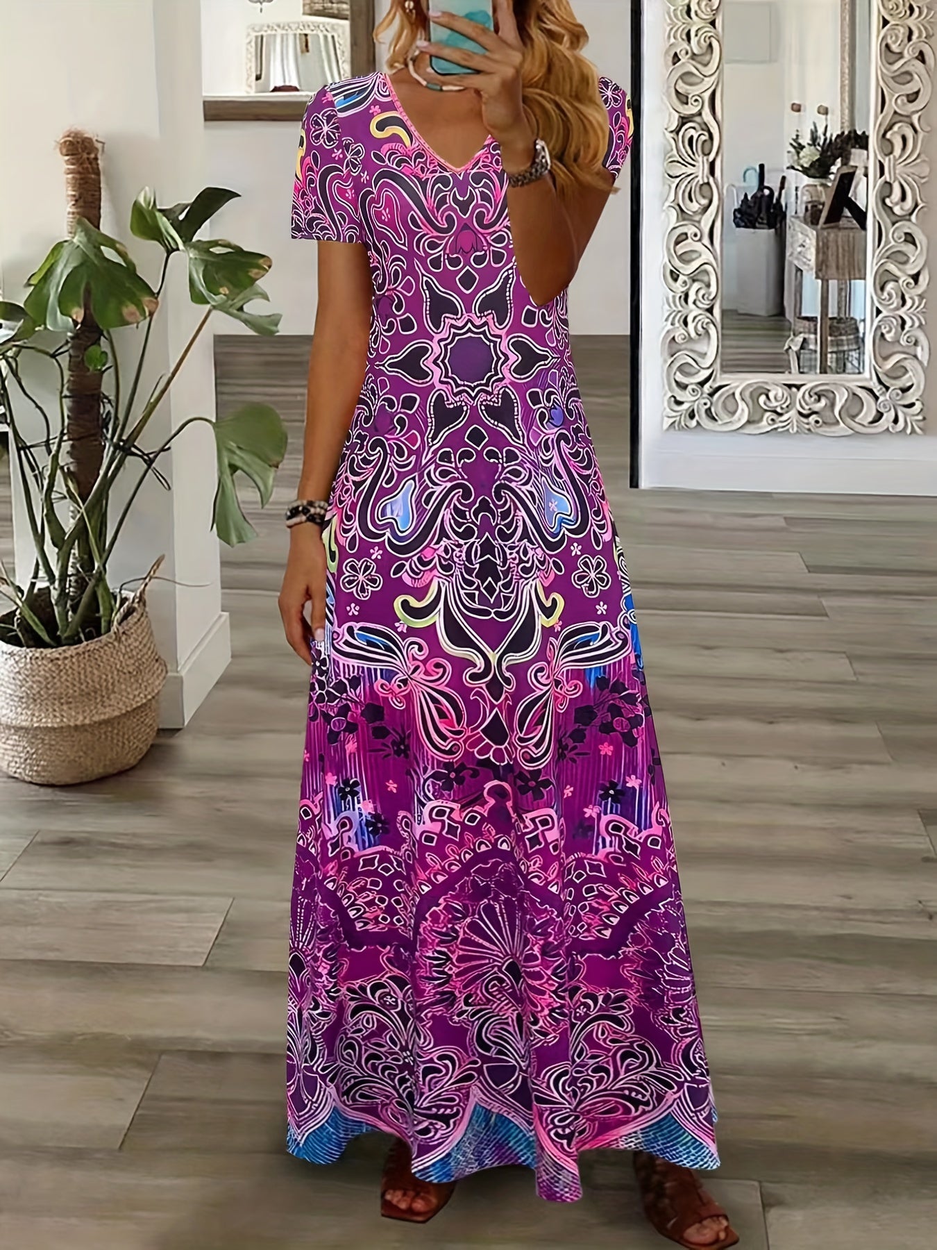 Antmvs Ethnic Floral Print Dress, Boho V Neck Short Sleeve Maxi Dress, Women's Clothing