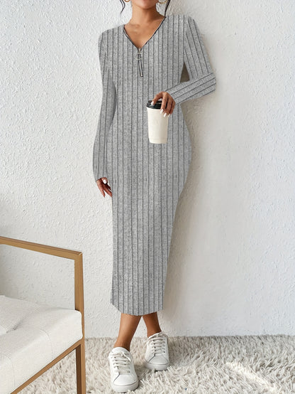 Antmvs Half Zip Ribbed Dress, Casual Solid Long Sleeve Every Day Dress, Women's Clothing