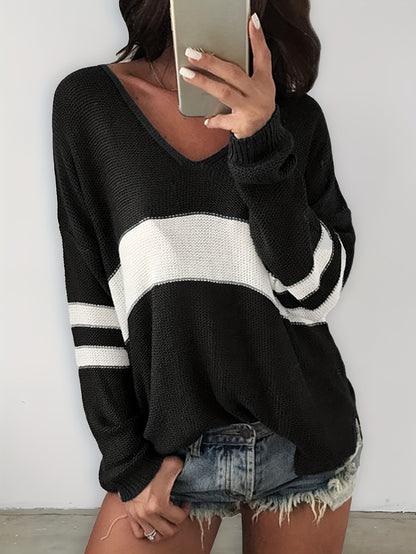 Antmvs Striped Color Block Knit Sweater, Casual V Neck Long Sleeve Sweater, Women's Clothing