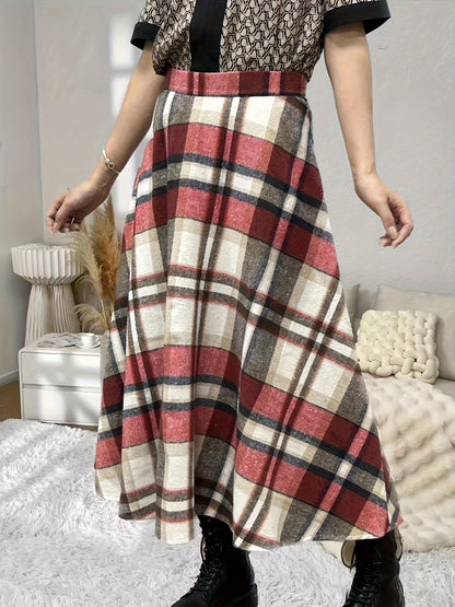 Antmvs Plaid Print High Waist Skirt, Elegant Ruffle Hem Midi Skirt For Fall & Winter, Women's Clothing
