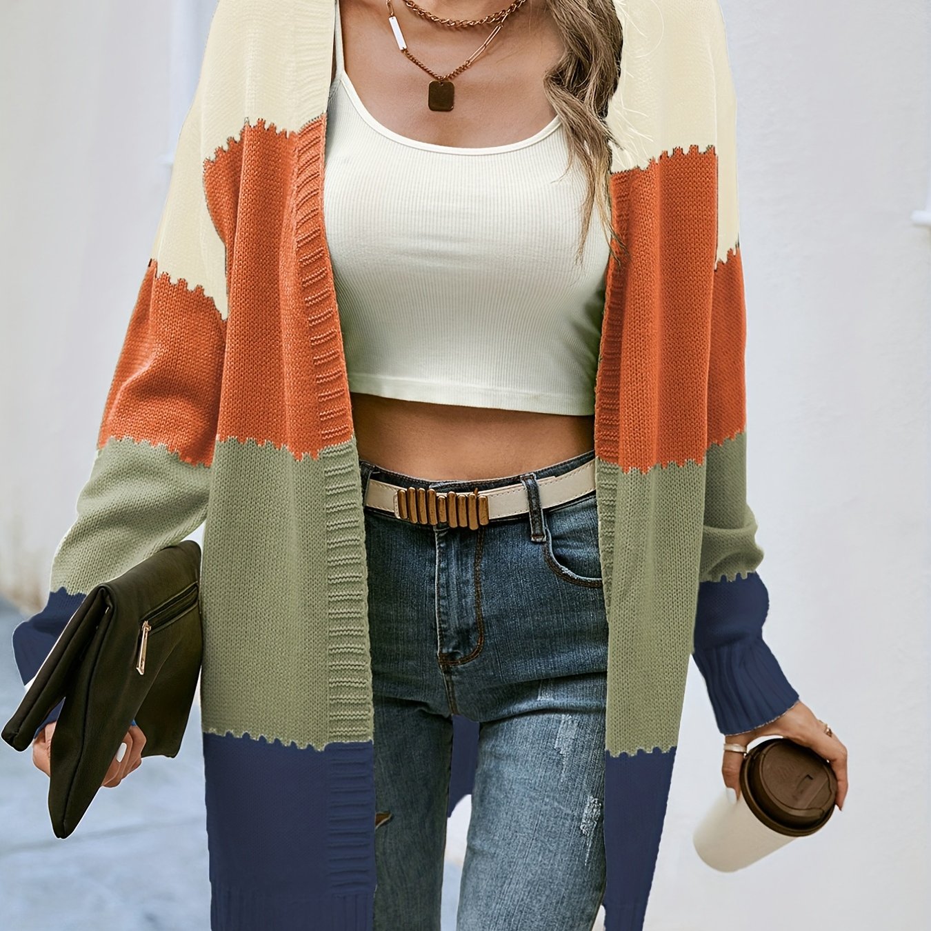 Antmvs V-neck Loose Striped Color Block Cardigans, Casual Drop Shoulder Long Sleeve Fall Winter Knit Cardigan, Women's Clothing