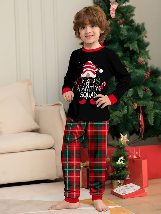 Youngsters' Cozy Christmas Pajama Set - Flame-Resistant, Long Sleeve & Plaid Pants with Festive Print for Boys and Girls, Perfect for Fall/Winter