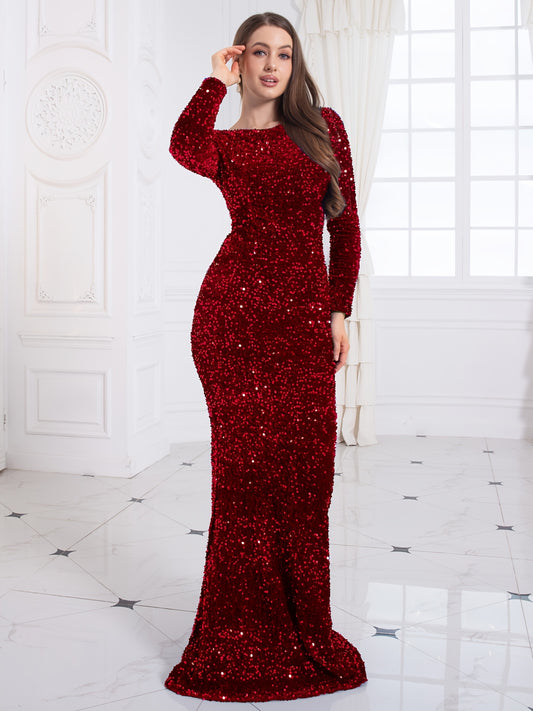 Antmvs Contrast Sequin Mermaid Hem Dress, Elegant Long Sleeve Evening Party Dress, Women's Clothing