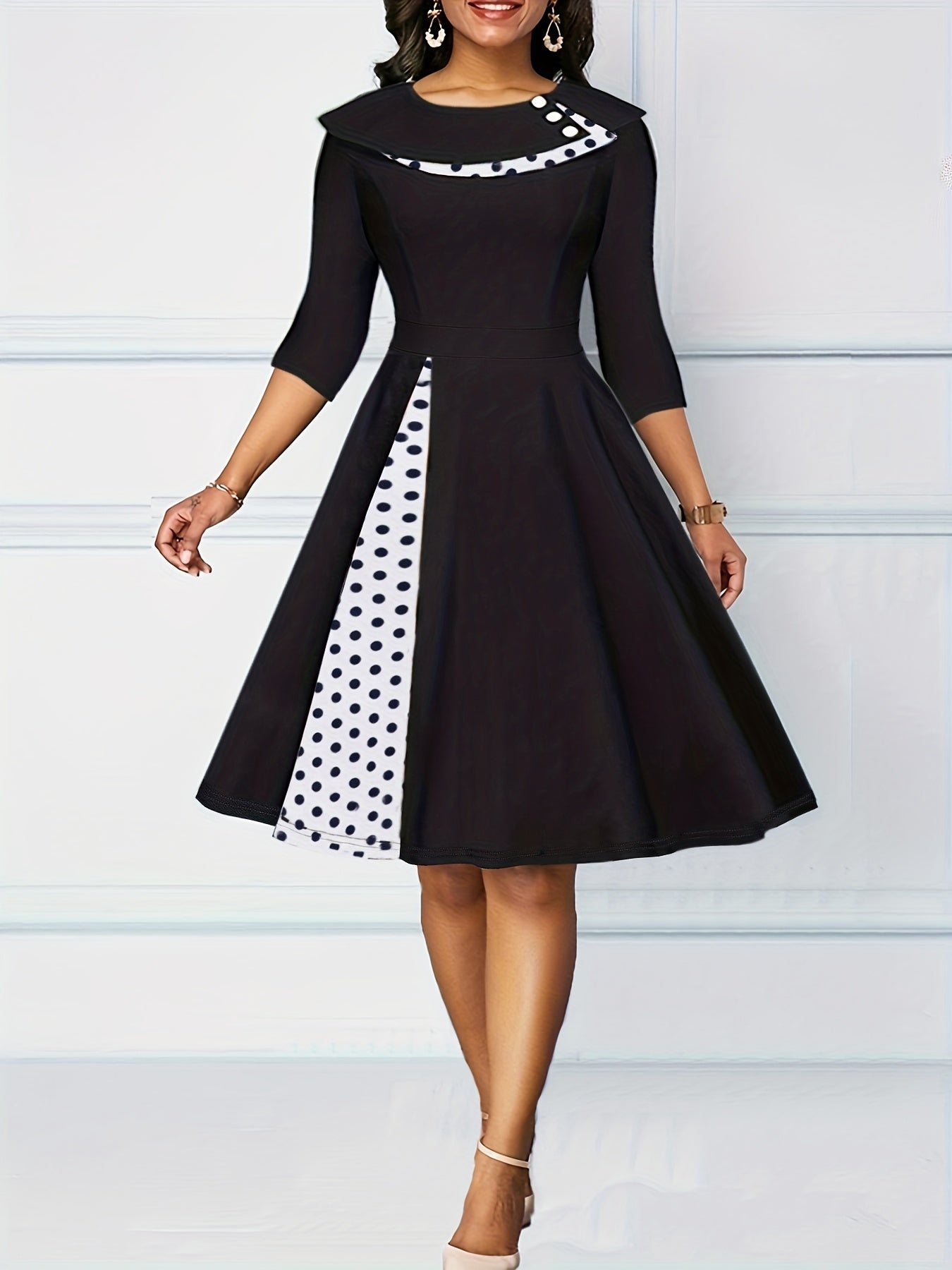 Antmvs A-line Retro Dress, 3/4 Sleeve Polka Dot Casual Dress, Women's Clothing