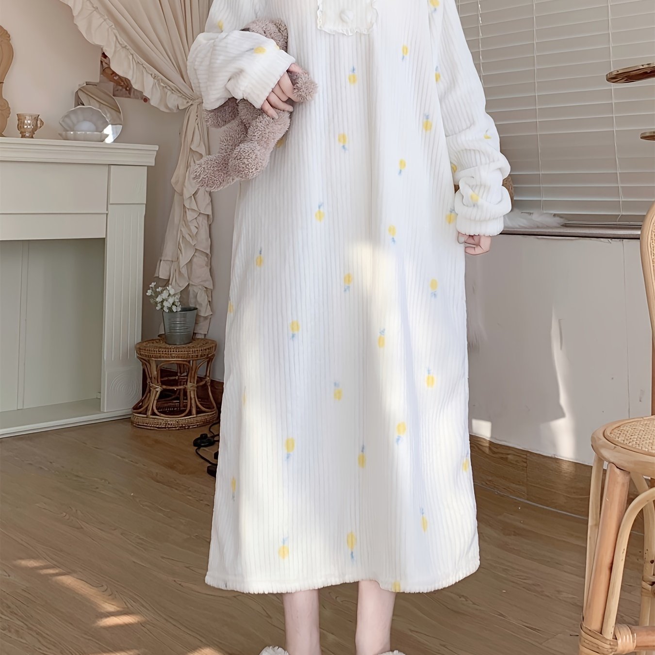 Antmvs Pineapple Print Fuzzy NightDress, Long Sleeve Lapel Pajama Dress, Women's Sleepwear & Dresses