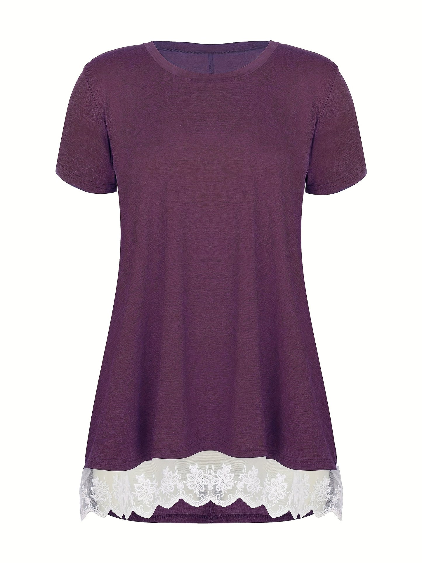 Antmvs Plus Size Casual T-shirt, Women's Plus Contrast Lace Short Sleeve Round Neck T-shirt