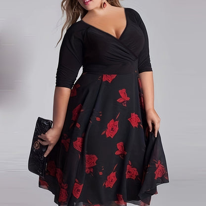Antmvs Plus Size Elegant Dress, Women's Plus Floral Print Half Sleeve Surplice Neck Contrast Mesh Dress