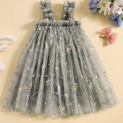 Baby's Elegant Flower Embroidered Mesh Sleeveless Tent Dress, Infant & Toddler Girl's Clothing For Summer Birthday Party, As Gift