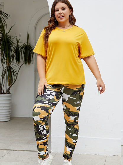 2-Piece Plus Size Sports Set - Autumn & Winter Fashion Casual Crew Neck T-shirt and Camouflage Trousers for Women - Comfortable and Stylish Athletic Wear for Curvy Figures