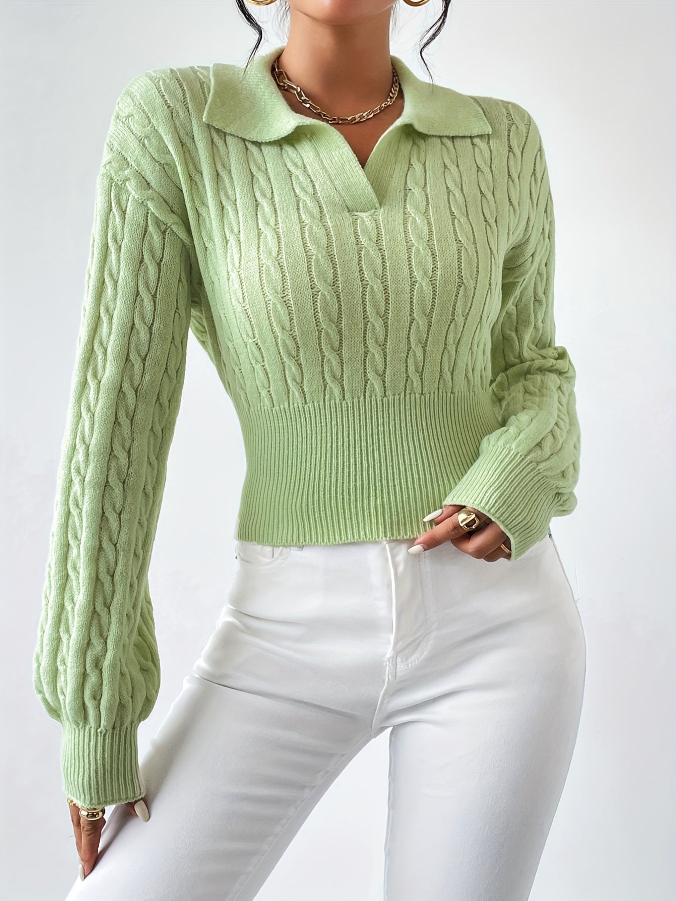 Antmvs Twist Textured V Neck Knitted Top, Casual Long Sleeve Sweater For Fall & Winter, Women's Clothing