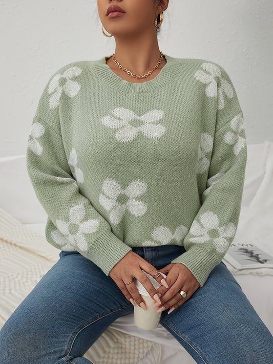 Antmvs Plus Size Casual Sweater, Women's Plus Floral Print Long Sleeve Round Neck Jumper