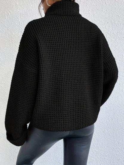 Antmvs Solid Waffle Knit Sweater, Casual Turtleneck Long Sleeve Sweater, Women's Clothing