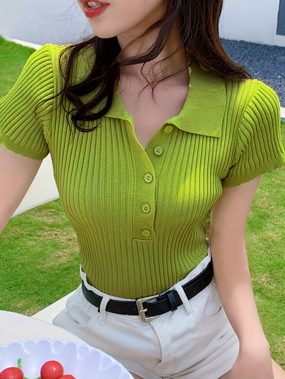 Antmvs Ribbed Polo Collar Button Front T-Shirt, Casual Short Sleeve Top For Spring & Summer, Women's Clothing