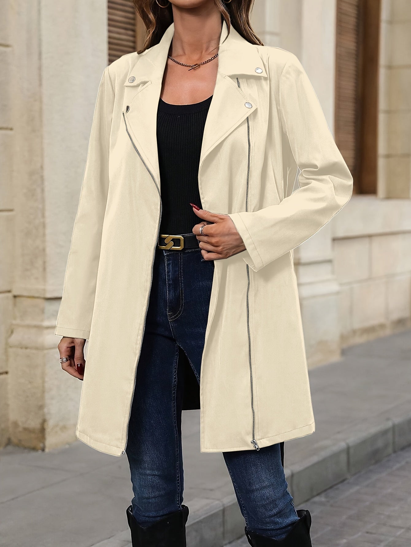 Antmvs Solid Color Open Front Trench Jacket, Elegant Lapel Neck Zipper Long Sleeve Button Jacket, Women's Clothing