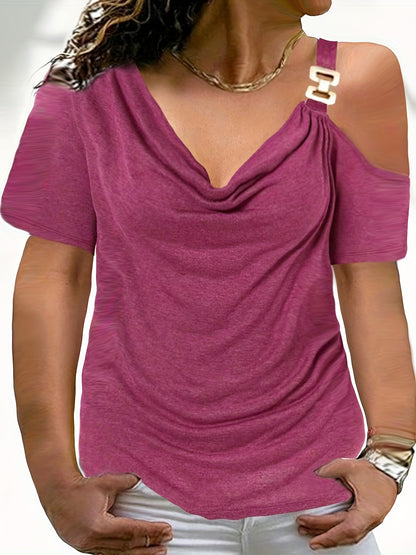 Antmvs Plus Size Casual T-shirt, Women's Plus Solid Metal Decor One Shoulder Cowl Neck Slight Stretch T-shirt