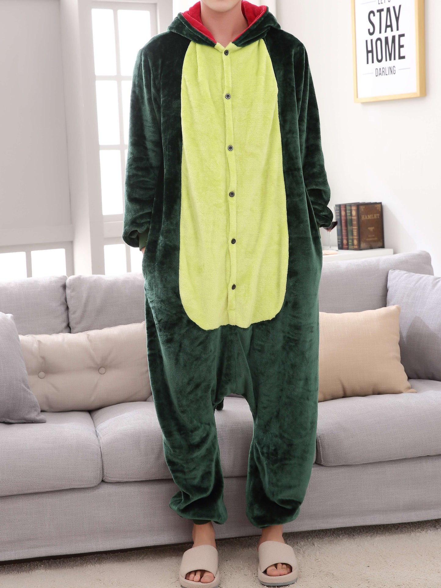 Antmvs one piece Men's Thick Fleece Dinosaur Hooded Pajamas with Pockets - Cozy Loungewear for Winter Nights