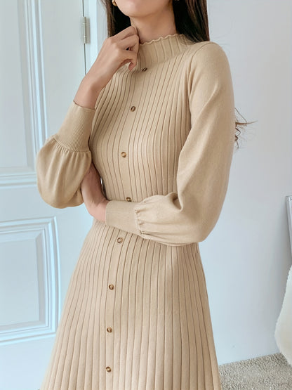 Antmvs Solid Ribbed Dress, Elegant Button Front Long Sleeve Dress, Women's Clothing