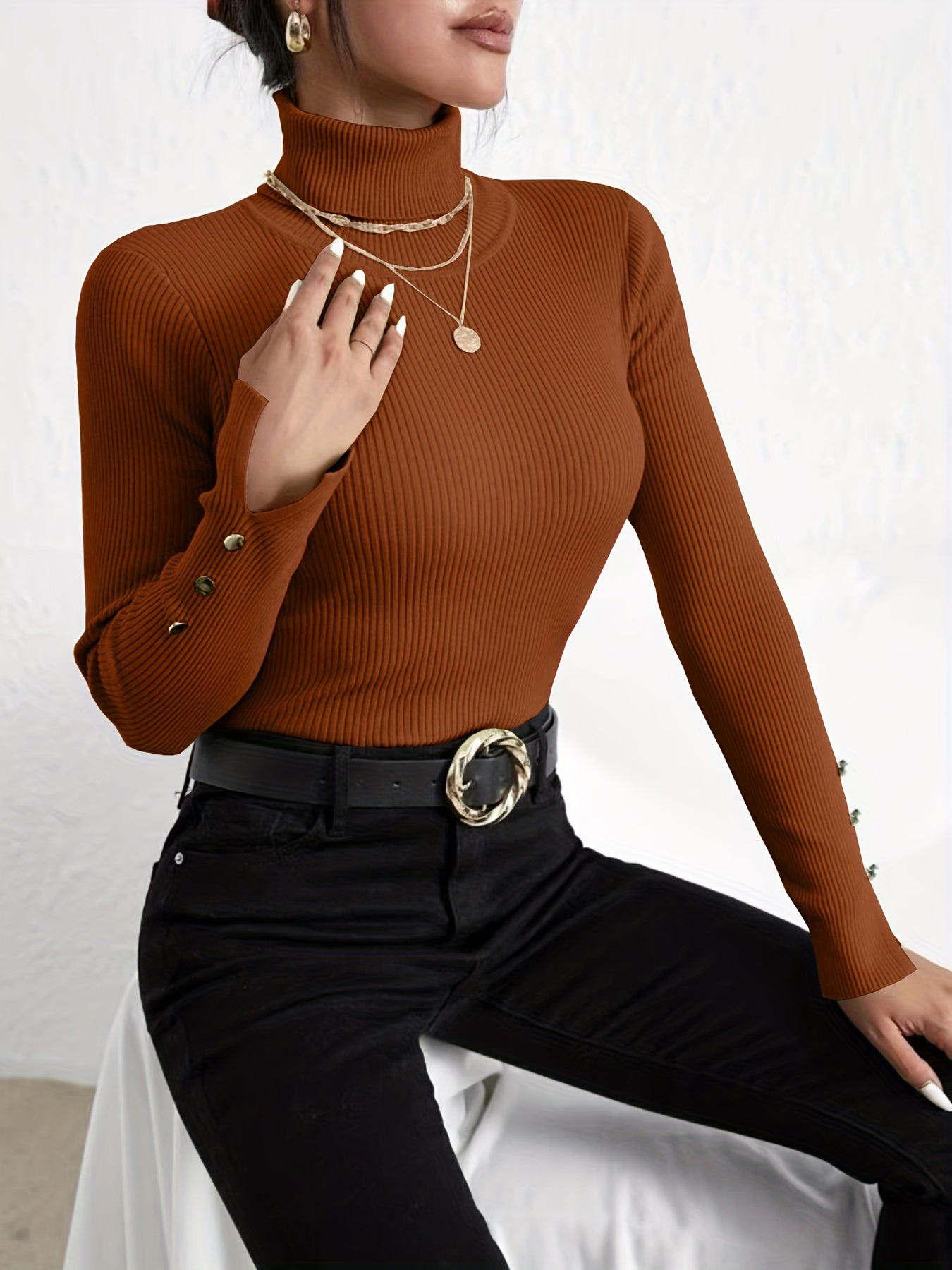 Antmvs Solid Turtle Neck Slim Pullover Sweater, Casual Long Sleeve Fake Button Sweater For Fall & Winter, Women's Clothing