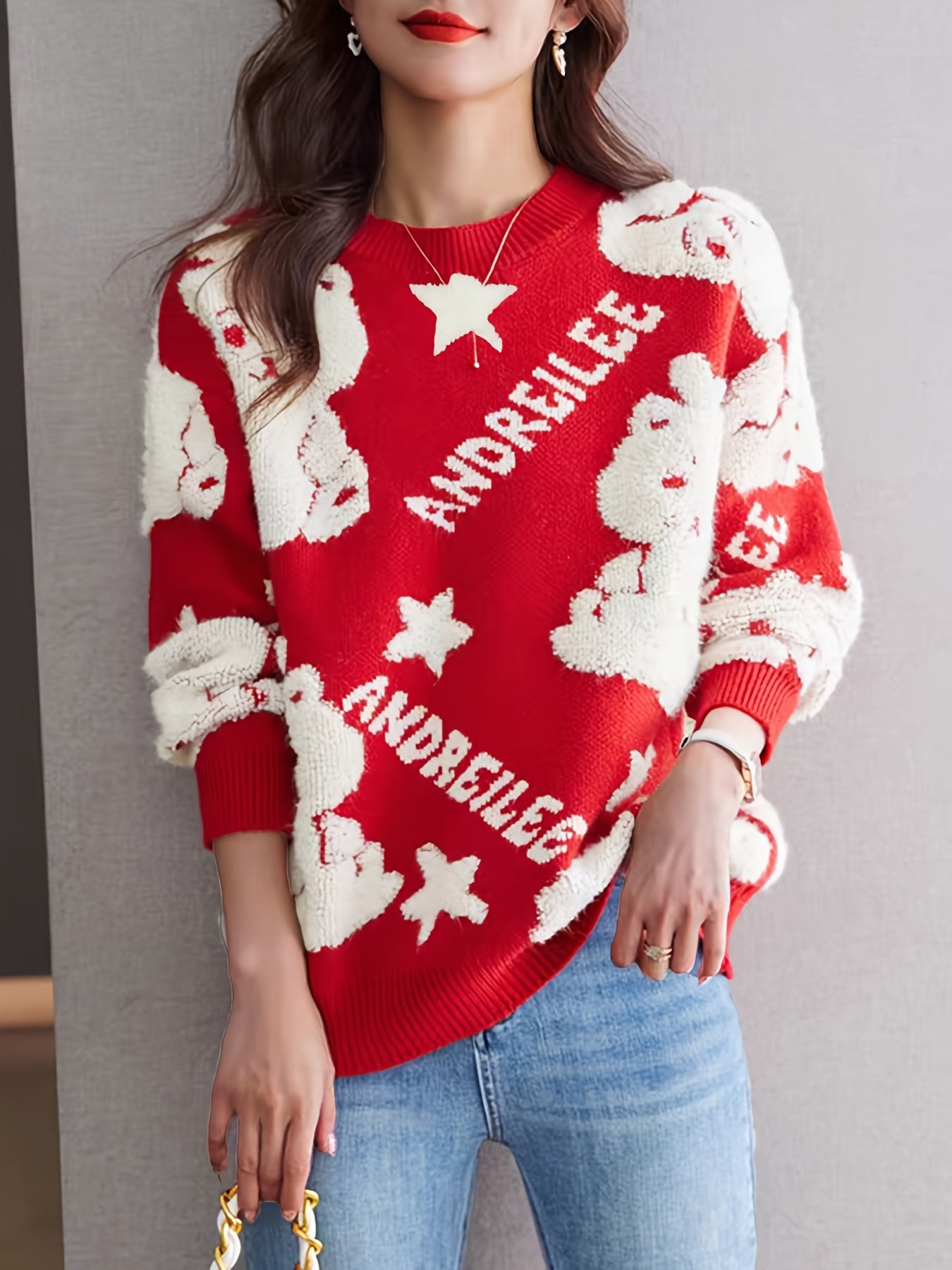 Antmvs Cartoon Dragon Pattern Pullover Sweater, Casual Crew Neck Long Sleeve Thick Sweater, Women's Clothing