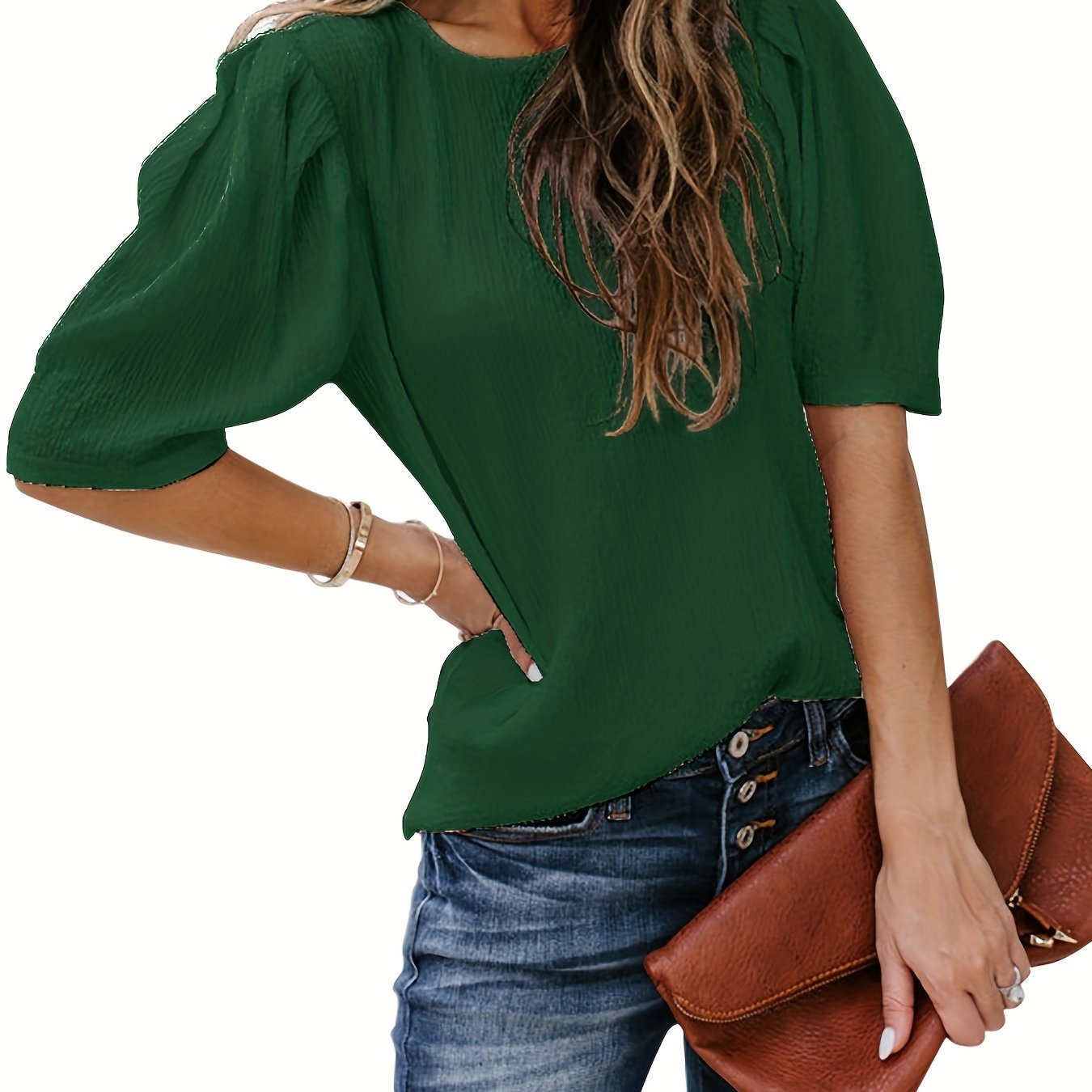 Antmvs  Solid Short Sleeve Blouse, Crew Neck Casual Every Day Top For Summer & Spring, Women's Clothing