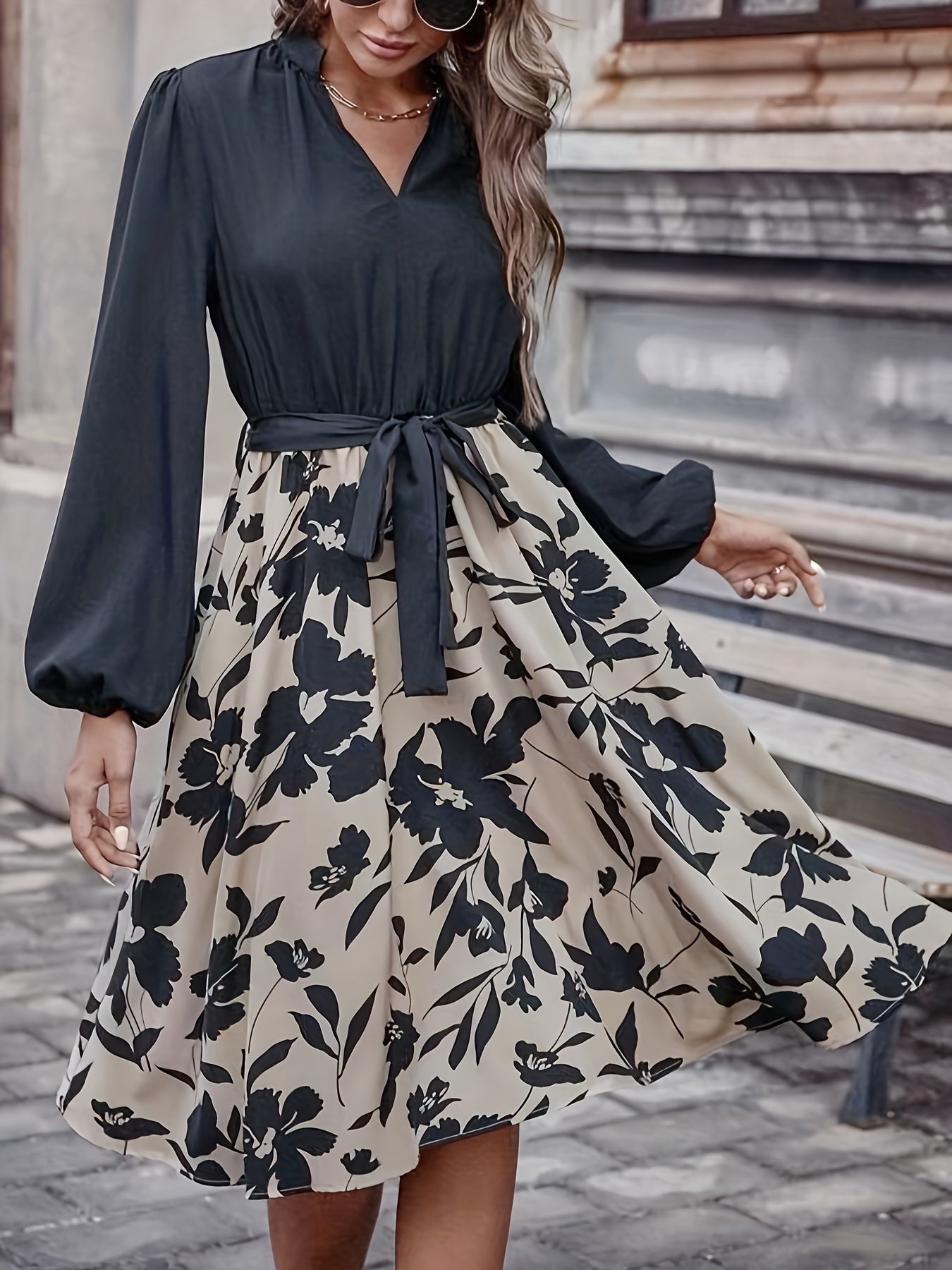 Antmvs Floral Print Splicing Dress, Elegant V Neck Long Sleeve Dress, Women's Clothing