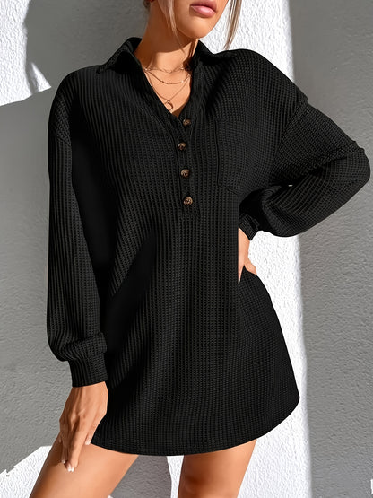 Antmvs Solid Waffle Button Down Dress, Casual Long Sleeve Dress, Women's Clothing
