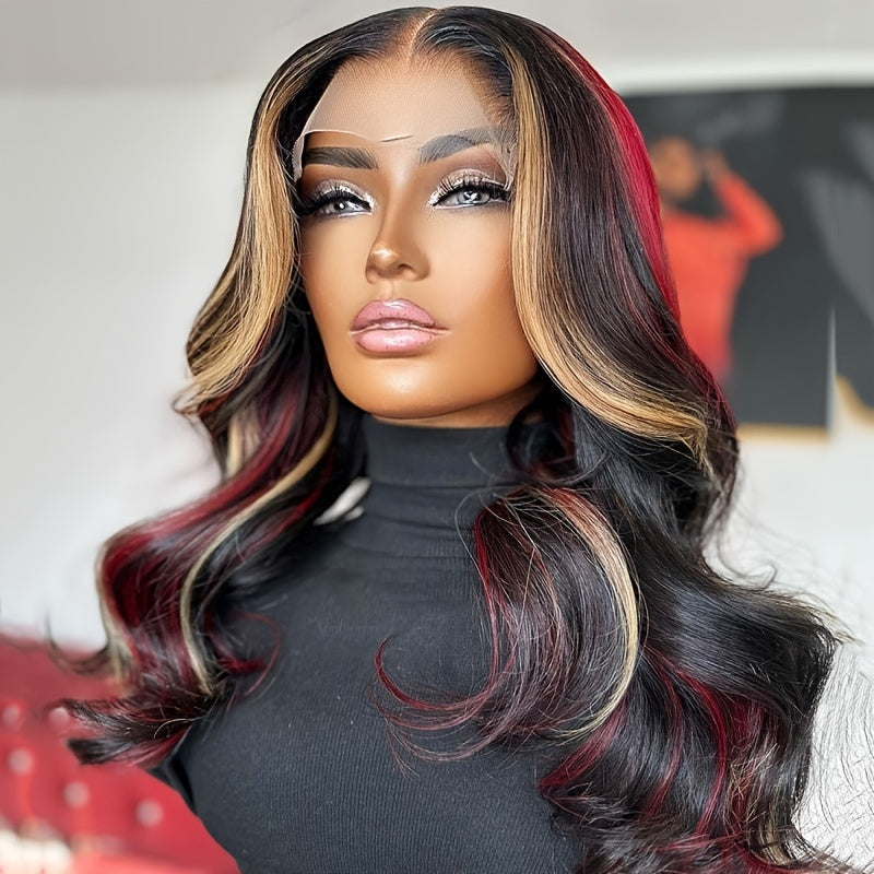 Luxurious Blonde & Red Highlighted Wig | 180% Full Body Wave | 13x4 Pre-Plucked Lace Front | Natural Brazilian Remy Hair for Professional Women