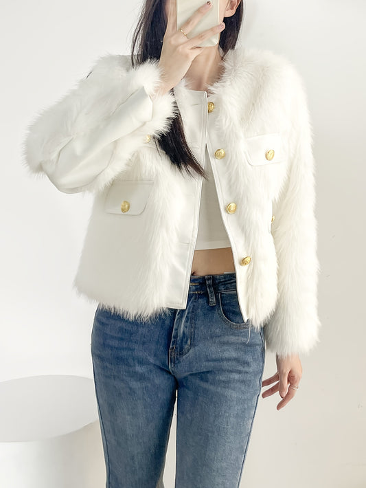 Antmvs Button Front Faux Fur Coat, Elegant Long Sleeve Coat For Fall & Winter, Women's Clothing