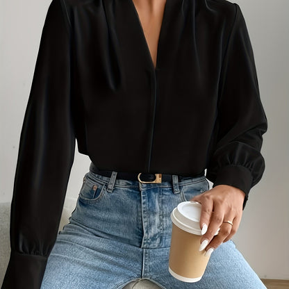 Antmvs Tucked Simple Blouse, Casual V Neck Long Sleeve Blouse, Women's Clothing