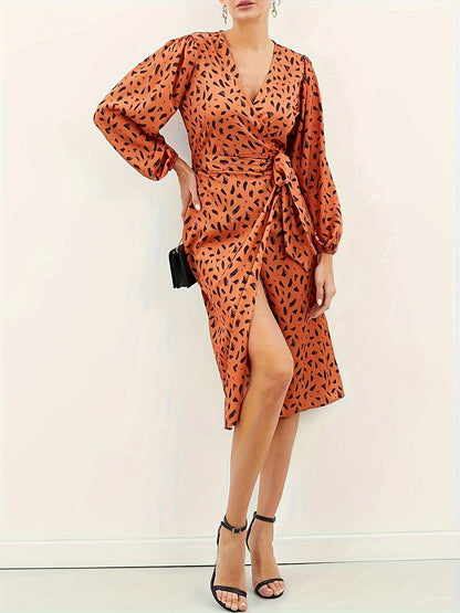 Antmvs Allover Print Wrap Dress, Casual Long Sleeve V Neck Midi Dress, Women's Clothing