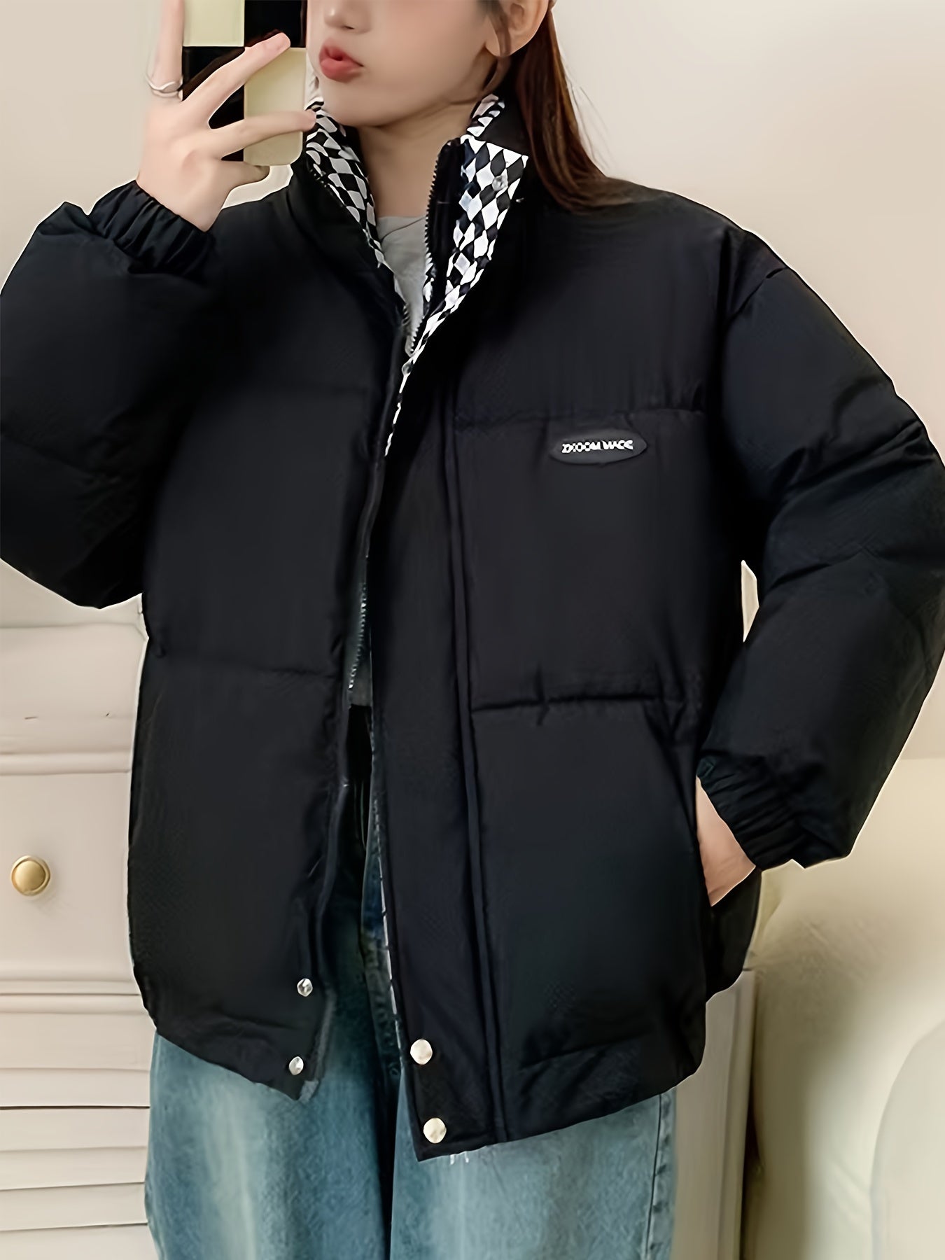 Antmvs Solid Puffy Warm Coat, Casual Zip Up Long Sleeve Winter Outerwear, Women's Clothing