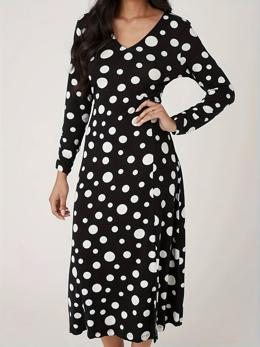 Antmvs Polka Dot Print Long Sleeve Dress, Casual V Neck Split Hem Dress For Spring & Fall, Women's Clothing