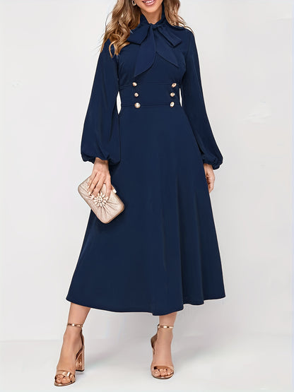 Antmvs Solid Tie Neck Midi Dress, Elegant Lantern Long Sleeve Dress, Women's Clothing