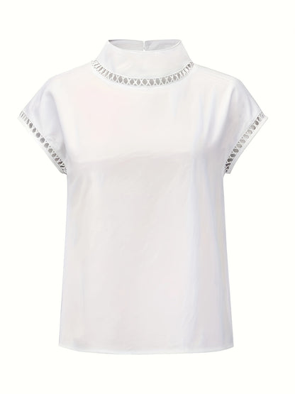 Antmvs  Solid Cut Out Blouse, Casual Stand Collar Short Sleeve Simple Blouse, Women's Clothing