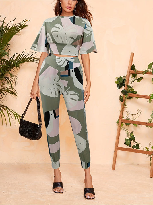 Antmvs Leaf Print Casual Two-piece Set, Bell Sleeve Crop Top & High Waist Slim Pants Outfits, Women's Clothing